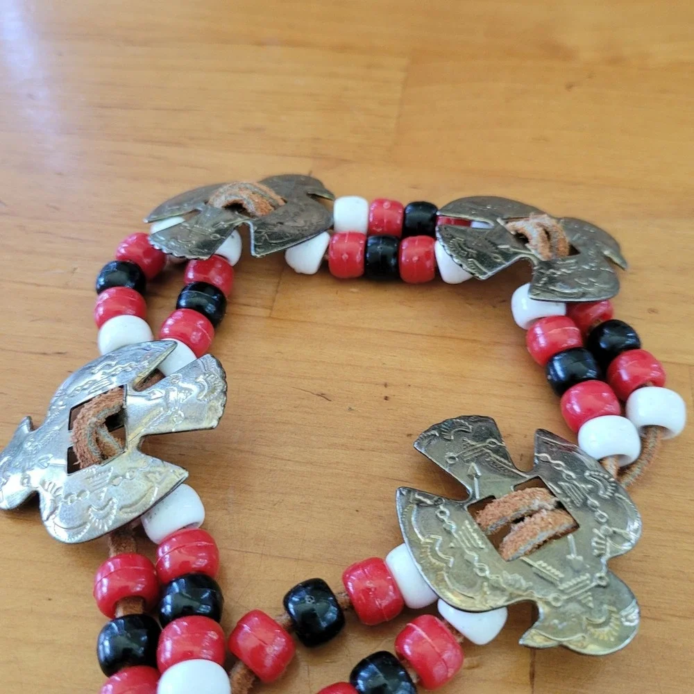 Tribal Southwestern Multi Strand Bracelet Red Black White Beads Bird Plaques 40g